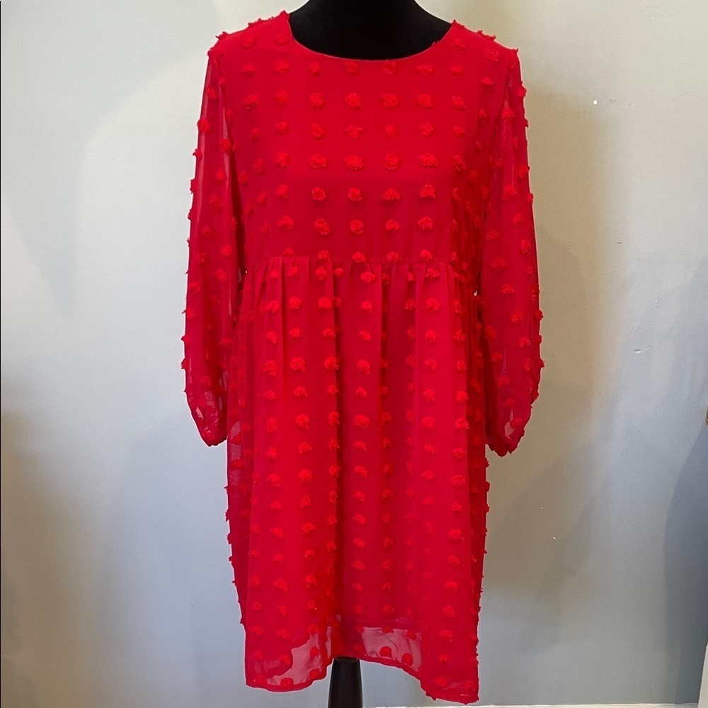 Red Textured Long Sleeve Dress
